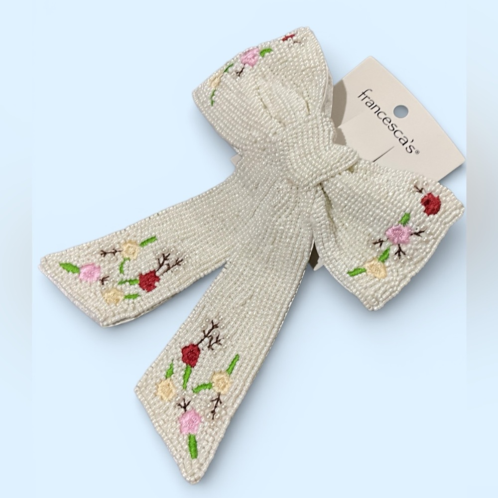 Francesca’s NWT Beaded Floral Embroidered Bow Barrette Coquette 6.5”